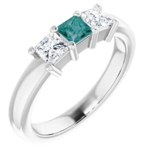 three-stone princess-cut lab made alexandrite and genuine diamond ring