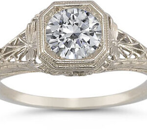 Victorian-Style Latticed Filigree White Topaz Ring in 14K White Gold