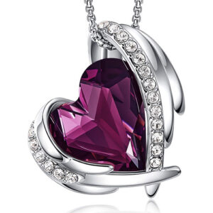 Magenta Heart Crystal Pendant with Angel Wings and 18" Chain Necklace. Pinkish Purple Crystal - For Lover's, Girl Friend, Wife, Valentine's Day, Mother's Day, Anniversary Gift - Heart Necklace for Women.